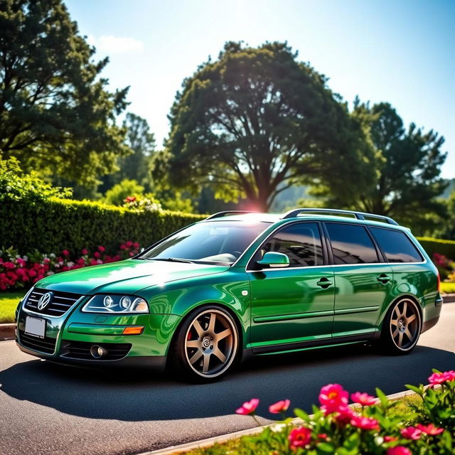 A lowered green Volkswagen Passat B5 station wagon, showcasing a sleek and sporty design