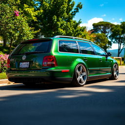 A lowered green Volkswagen Passat B5 station wagon, showcasing a sleek and sporty design