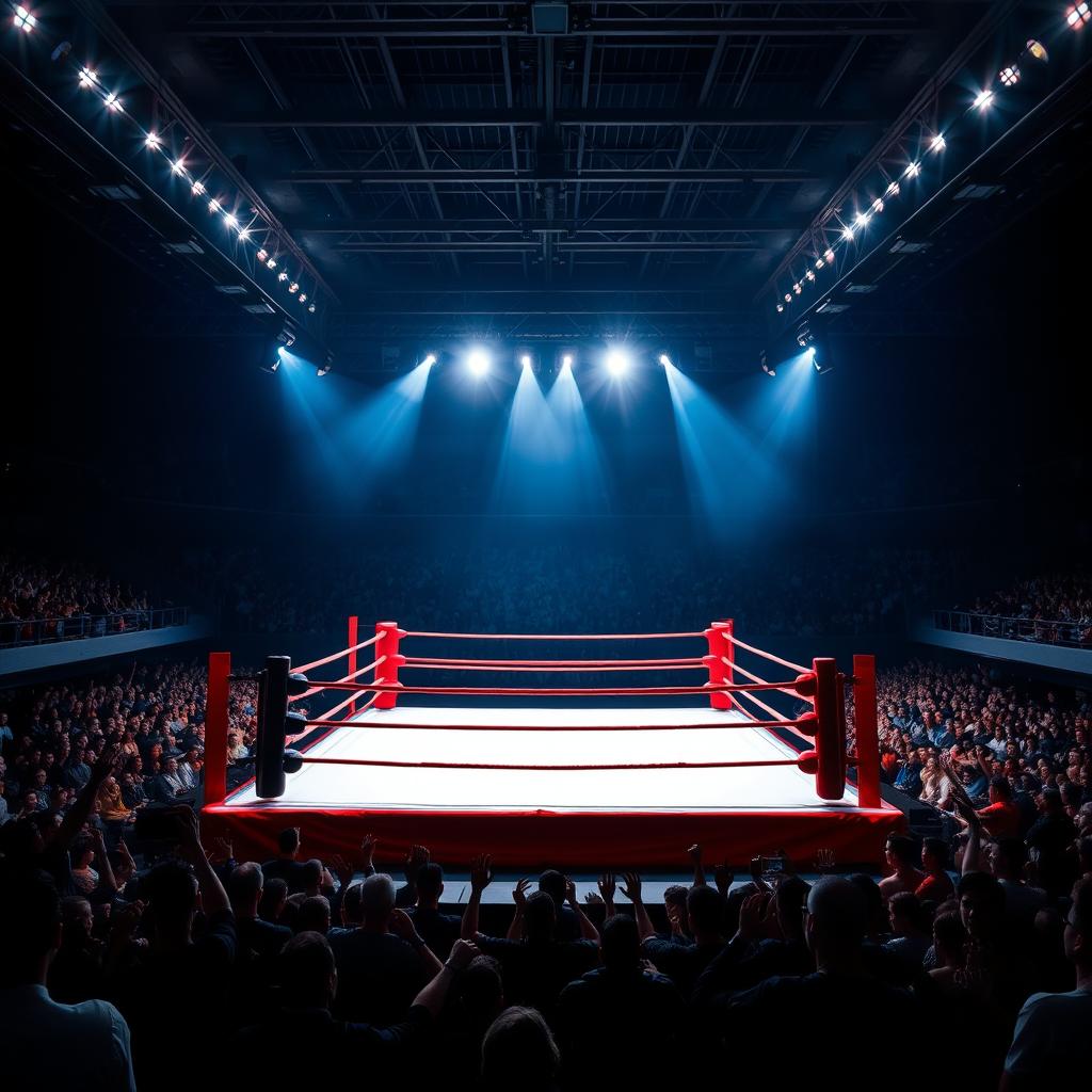 A dramatic boxing ring scene featuring a square ring with bright red ropes and a pristine white canvas floor