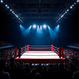 A dramatic boxing ring scene featuring a square ring with bright red ropes and a pristine white canvas floor