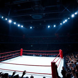 A dramatic boxing ring scene featuring a square ring with bright red ropes and a pristine white canvas floor