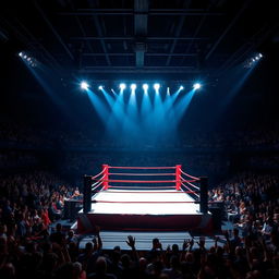 A dramatic boxing ring scene featuring a square ring with bright red ropes and a pristine white canvas floor