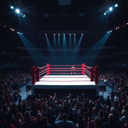 A dramatic boxing ring scene featuring a square ring with bright red ropes and a pristine white canvas floor
