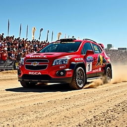 A striking red WRC (World Rally Championship) inspired 2012 Chevy Trax, adorned with bold rally graphics and dynamic racing decals