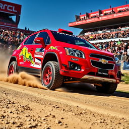 A striking red WRC (World Rally Championship) inspired 2012 Chevy Trax, adorned with bold rally graphics and dynamic racing decals