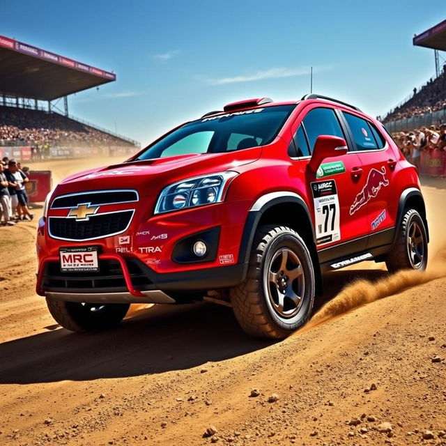 A striking red WRC (World Rally Championship) inspired 2012 Chevy Trax, adorned with bold rally graphics and dynamic racing decals