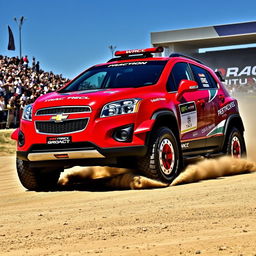 A striking red WRC (World Rally Championship) inspired 2012 Chevy Trax, adorned with bold rally graphics and dynamic racing decals