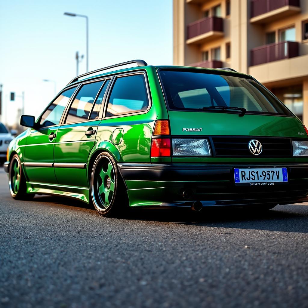 An old Volkswagen Passat B5 estate, lowered with a stance modification, showcasing a brilliant green metallic finish