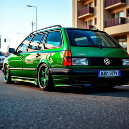 An old Volkswagen Passat B5 estate, lowered with a stance modification, showcasing a brilliant green metallic finish