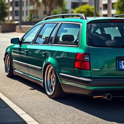 An old Volkswagen Passat B5 estate, lowered with a stance modification, showcasing a brilliant green metallic finish