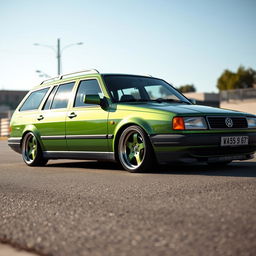 An old Volkswagen Passat B5 estate, lowered with a stance modification, showcasing a brilliant green metallic finish
