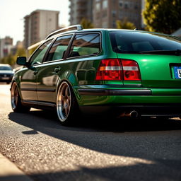 An old Volkswagen Passat B5 estate, lowered with a stance modification, showcasing a brilliant green metallic finish