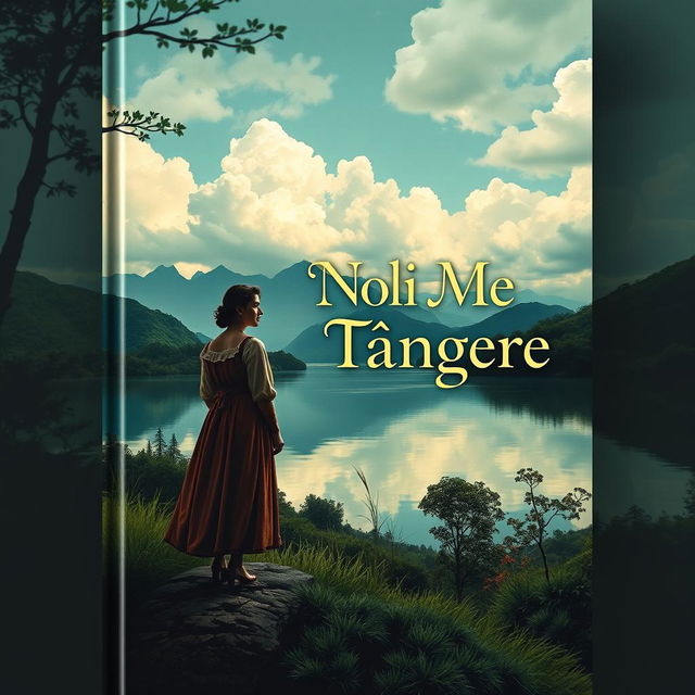 A captivating book cover design for 'Noli Me Tángere', featuring a lush and vibrant landscape symbolizing the themes of love, social justice, and personal struggle