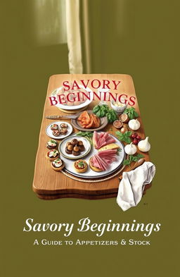 A cookbook cover titled 'Savory Beginnings: A Guide to Appetizers & Stock'