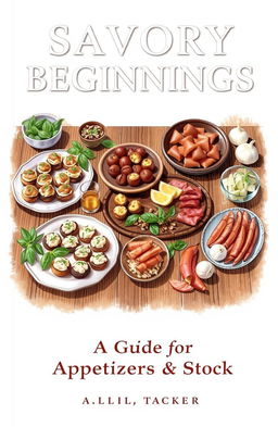 A cookbook cover titled 'Savory Beginnings: A Guide to Appetizers & Stock'