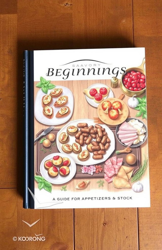 A cookbook cover titled 'Savory Beginnings: A Guide to Appetizers & Stock'