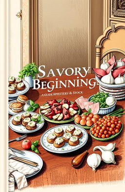 A cookbook cover titled 'Savory Beginnings: A Guide to Appetizers & Stock'