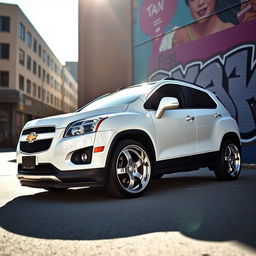 A lowered white 2012 Chevy Trax, showcasing its sleek and sporty design