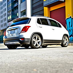A lowered white 2012 Chevy Trax, showcasing its sleek and sporty design