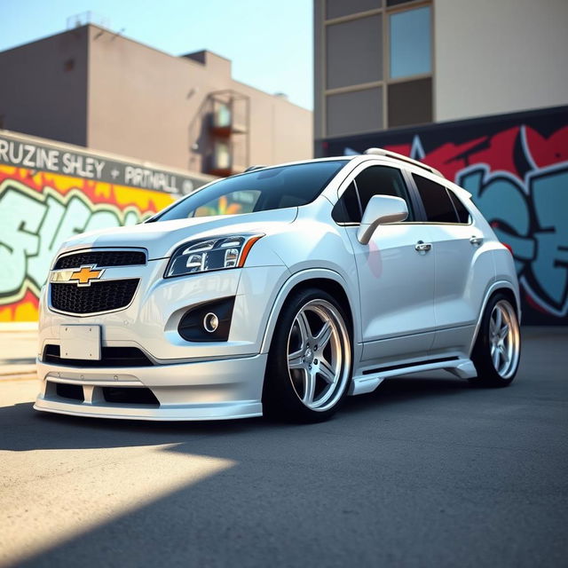 A lowered white 2012 Chevy Trax, showcasing its sleek and sporty design