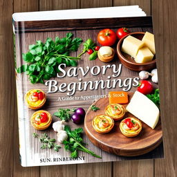 A cookbook cover titled 'Savory Beginnings: A Guide to Appetizers & Stock'