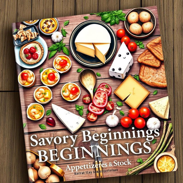 A cookbook cover titled 'Savory Beginnings: A Guide to Appetizers & Stock'