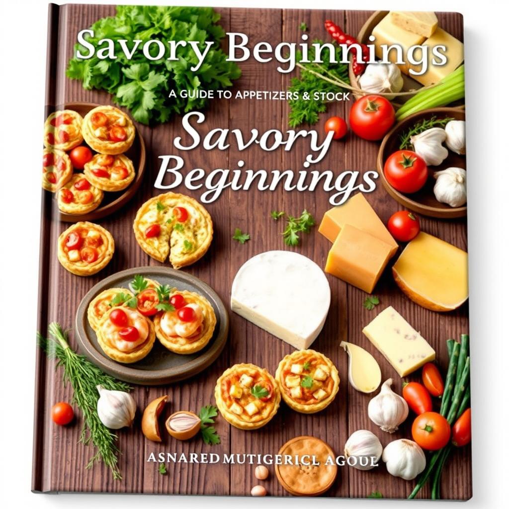 A cookbook cover titled 'Savory Beginnings: A Guide to Appetizers & Stock'