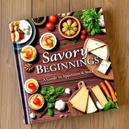 A cookbook cover titled 'Savory Beginnings: A Guide to Appetizers & Stock'