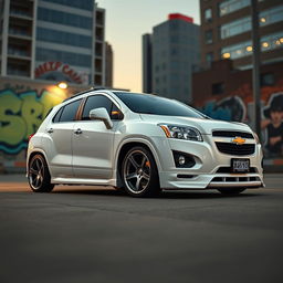 A sleek, lowered white 2012 Chevy Trax showcased in a dynamic urban setting