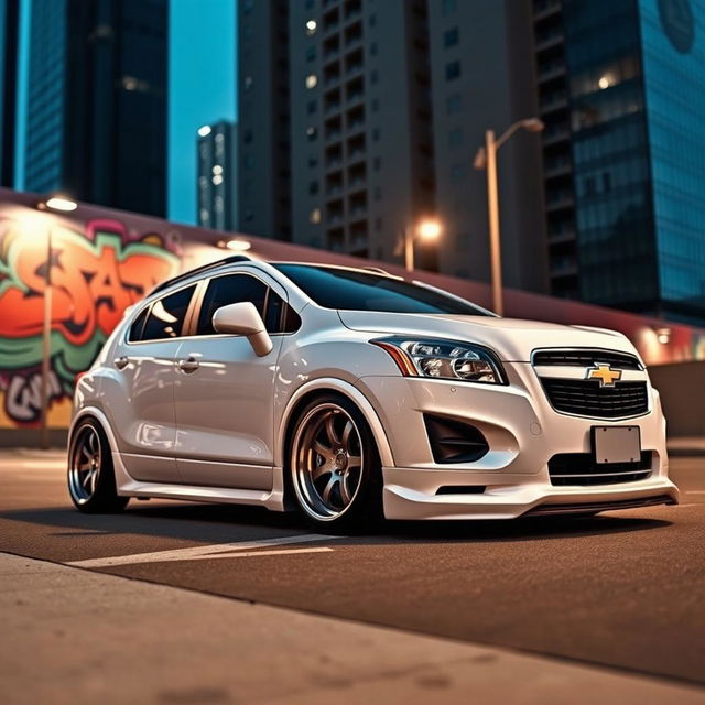 A sleek, lowered white 2012 Chevy Trax showcased in a dynamic urban setting