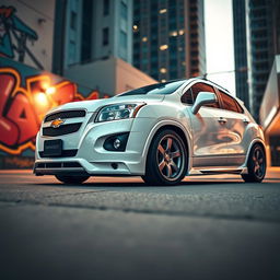A sleek, lowered white 2012 Chevy Trax showcased in a dynamic urban setting
