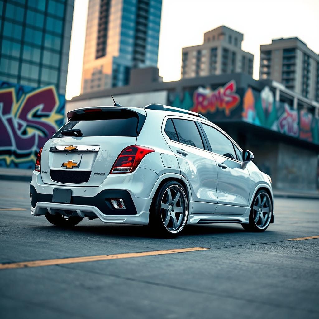 A sleek, lowered white 2012 Chevy Trax showcased in a dynamic urban setting