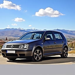 A 2003 Volkswagen Golf 4 Turbo Diesel parked in front of the scenic backdrop of Bishkek, Kyrgyzstan