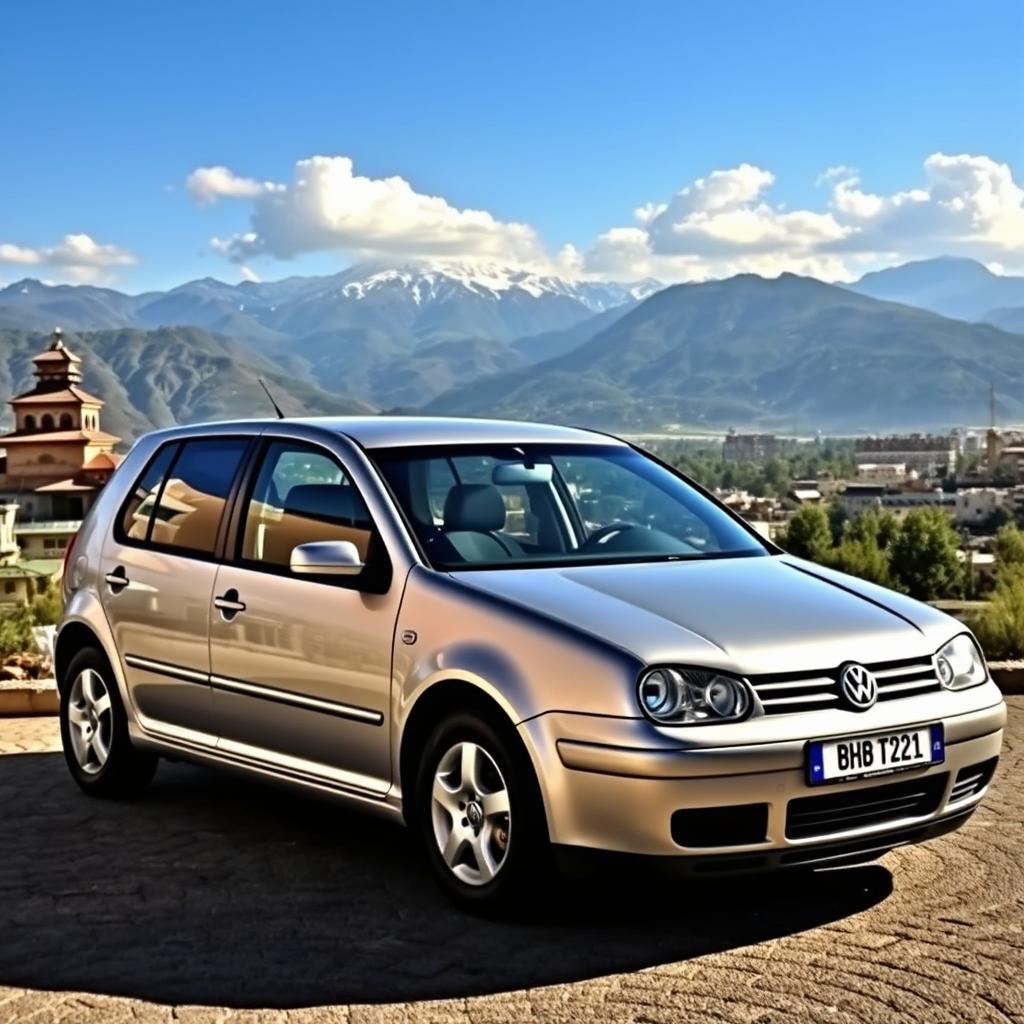 A 2003 Volkswagen Golf 4 Turbo Diesel parked in front of the scenic backdrop of Bishkek, Kyrgyzstan