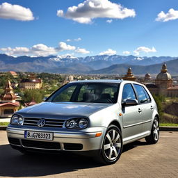 A 2003 Volkswagen Golf 4 Turbo Diesel parked in front of the scenic backdrop of Bishkek, Kyrgyzstan