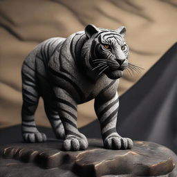 Generate an image of a tiger, carved from volcanic rock