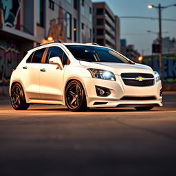 A stylish, lowered white 2012 Chevy Trax displayed in a modern urban environment