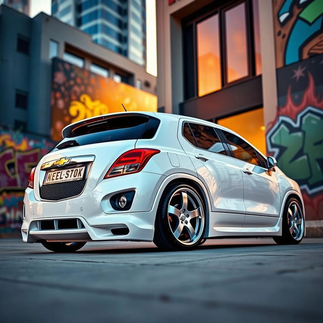 A stylish, lowered white 2012 Chevy Trax displayed in a modern urban environment