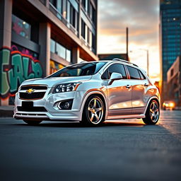 A stylish, lowered white 2012 Chevy Trax displayed in a modern urban environment