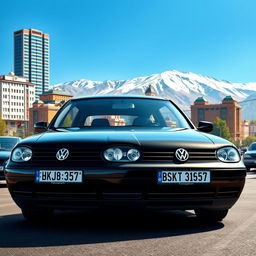 A highly realistic depiction of a 2003 Volkswagen Golf 4, painted in sleek black, showcasing its distinctive features such as the angular headlights and sporty design