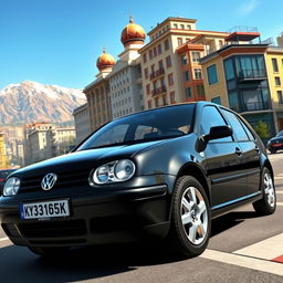 A highly realistic depiction of a 2003 Volkswagen Golf 4, painted in sleek black, showcasing its distinctive features such as the angular headlights and sporty design