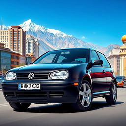 A highly realistic depiction of a 2003 Volkswagen Golf 4, painted in sleek black, showcasing its distinctive features such as the angular headlights and sporty design