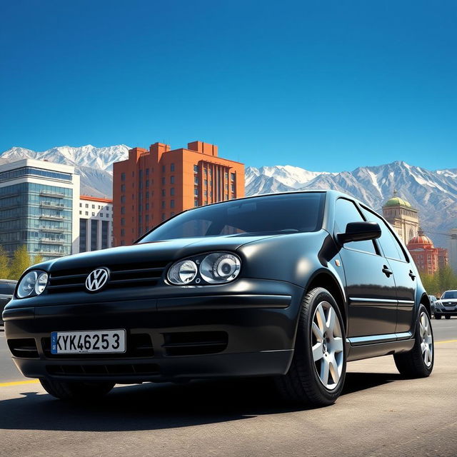 A highly realistic depiction of a 2003 Volkswagen Golf 4, painted in sleek black, showcasing its distinctive features such as the angular headlights and sporty design