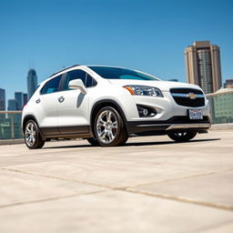 A lowered white 2012 Chevy Trax parked in a modern urban environment