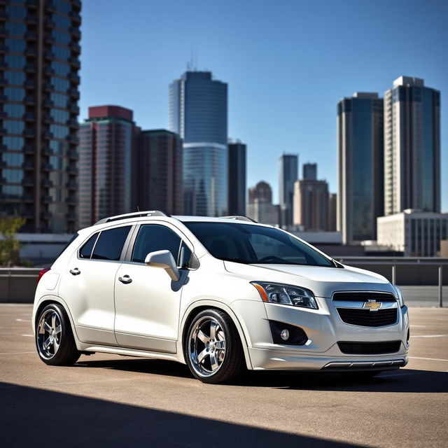 A lowered white 2012 Chevy Trax parked in a modern urban environment