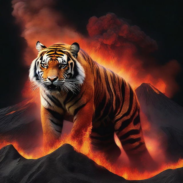 Produce an image of a tiger formed from volcanic elements