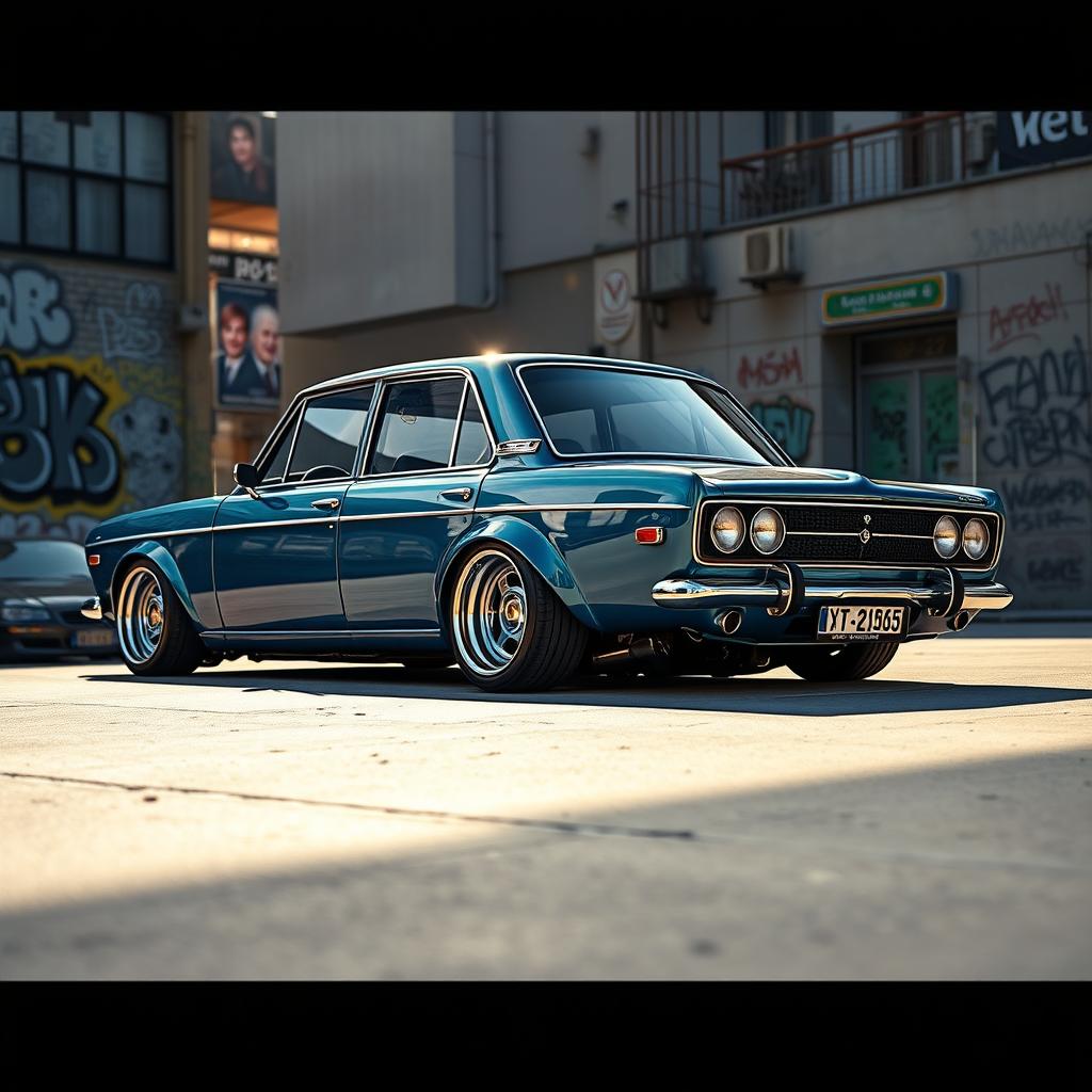 A lowrider version of the classic Soviet car VAZ 2105, featuring a sleek, customized design with an eye-catching paint job, brightly colored rims, and hydraulic suspension fully dropped to the ground