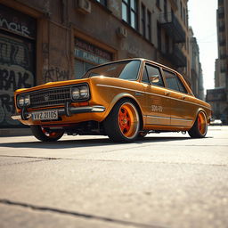 A lowrider version of the classic Soviet car VAZ 2105, featuring a sleek, customized design with an eye-catching paint job, brightly colored rims, and hydraulic suspension fully dropped to the ground