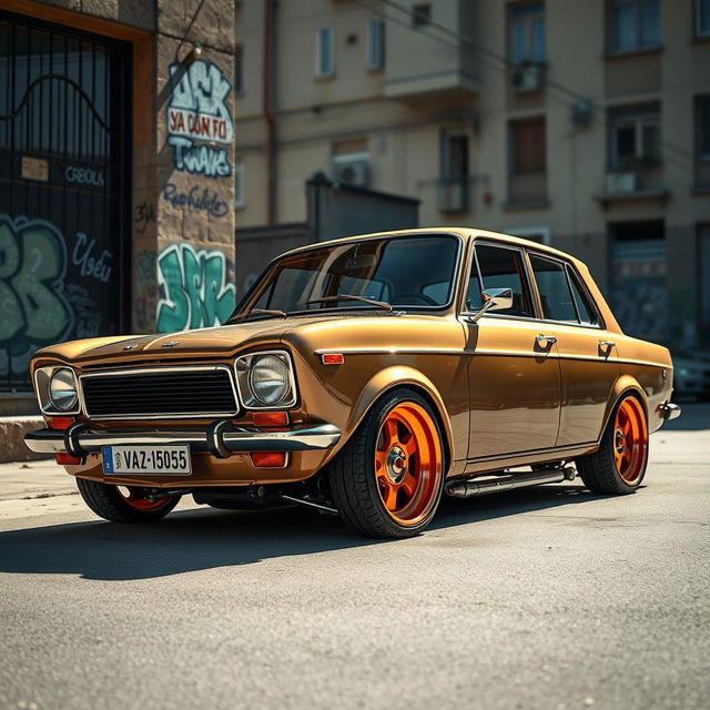 A lowrider version of the classic Soviet car VAZ 2105, featuring a sleek, customized design with an eye-catching paint job, brightly colored rims, and hydraulic suspension fully dropped to the ground