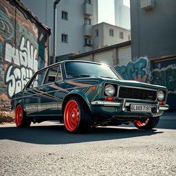 A lowrider version of the classic Soviet car VAZ 2105, featuring a sleek, customized design with an eye-catching paint job, brightly colored rims, and hydraulic suspension fully dropped to the ground